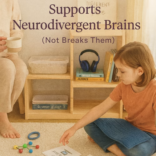 A cozy homeschool scene shows a neurodivergent child sitting cross-legged on a soft rug, reaching for a visual schedule card labeled “BREAK TIME.” Nearby are sensory-friendly tools like a weighted lap pad, a molecule building kit, and a fidget ring. An adult sits beside them holding a mug. In the background, a shelf displays kinetic sand, headphones, and books. A handwritten sign reads “Learning Looks Different Here.” Overlay text says: “How to Choose Curriculum That Supports Neurodivergent Brains (Not Breaks Them).”
