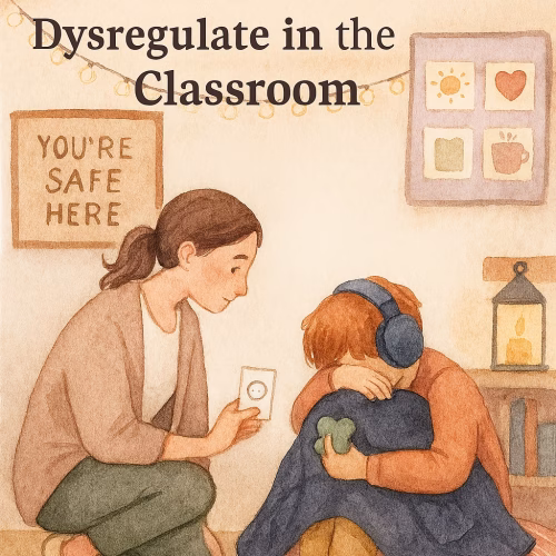 Watercolor-style illustration of a sensory-friendly classroom moment. A teacher kneels beside a dysregulated child wearing headphones and holding a fidget toy. She gently offers a reset card while the child sits on a cushion with a weighted blanket. Behind them, a visual schedule, fairy lights, and a glowing lantern create a warm, calming atmosphere. Text overlay reads: “How to Respond When Sensitive Kids Dysregulate in the Classroom.”