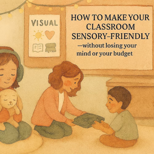Watercolor-style illustration of a sensory-friendly classroom corner. A child with headphones hugs a plush bunny on a cushion, while a teacher gently offers a weighted lap pad to another child. Soft fairy lights, a visual schedule, and a glowing lantern create a warm, calming atmosphere. Text on a bulletin board reads: “How to Make Your Classroom Sensory-Friendly—Without Losing Your Mind or Your Budget.”