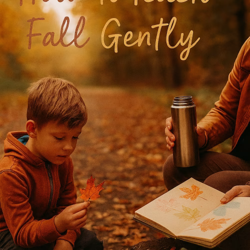 Child crouching on a forest path during autumn, holding a colorful leaf while an adult beside them displays a sketchbook with leaf rubbings and a thermos. Warm fall colors surround them, with scattered crayons on a tree stump and golden leaves covering the ground. Text overlay reads “How to Teach Fall Gently.”