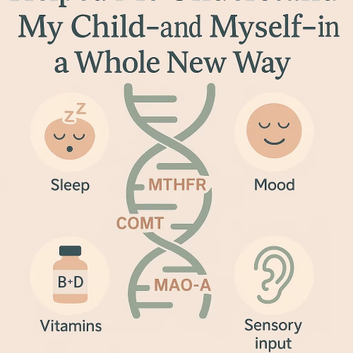 “Infographic titled ‘How DNA Testing Helped Me Understand My Child—and Myself—in a Whole New Way’ featuring a stylized DNA strand labeled with MTHFR, COMT, and MAO-A. Surrounding the helix are icons for sleep, mood, vitamins B and D, and sensory input, all in a soft, muted palette of sage green, peach, and beige. The design conveys gentle science and compassionate parenting.”