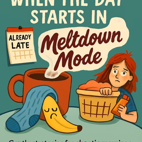Illustrated blog graphic titled “How to Recover When the Day Starts in Meltdown Mode.” Features a spilled coffee mug with steam forming the words “Meltdown Mode,” a sad banana draped in a blue sock, a wall calendar marked “Already Late,” and a frazzled mom peeking from behind a laundry basket holding a granola bar. Tagline reads: “Gentle strategies for chaotic mornings, sensory meltdowns, and coffee that never gets finished.” Background is teal with warm, cartoonish elements.