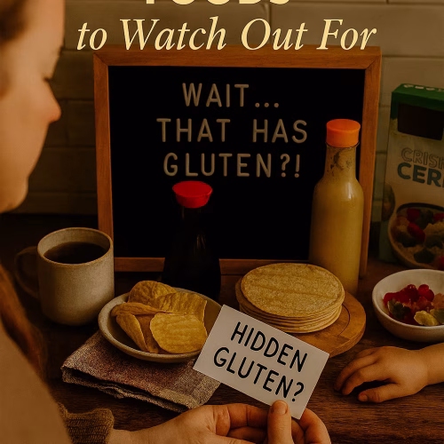 A cozy kitchen scene showing a woman in a brown sweater examining everyday foods like soy sauce, salad dressing, corn tortillas, cereal, and gummy bears—items that may contain hidden gluten. A black letter board reads “WAIT… THAT HAS GLUTEN?!” and overlay text at the top says “HIDDEN GLUTEN FOODS to Watch Out For.” A child’s hand reaches for the gummy bears, adding emotional warmth and visual storytelling.