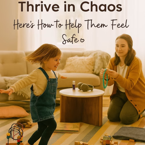 A young sensitive girl spins joyfully in a sunlit living room while her mother kneels nearby, offering a turquoise sensory chew necklace with a gentle smile. Toys, books, and sensory tools are scattered across a striped rug, creating a cozy, lived-in scene. Overlay text reads: “Sensitive Kids Thrive in Chaos—Here’s How to Help Them Feel Safe.”