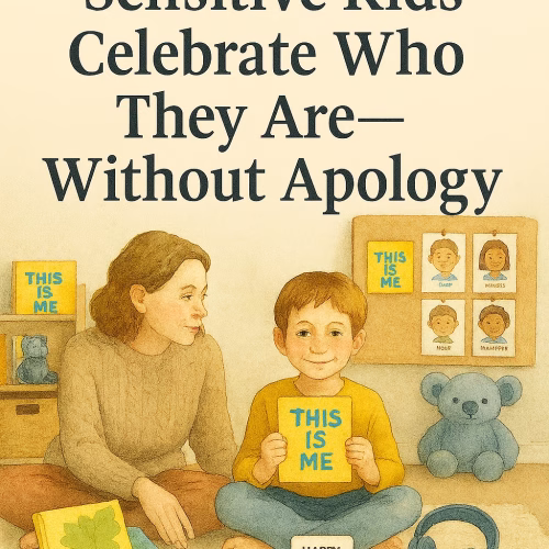 Watercolor illustration of a mother and sensitive child sitting on a cozy rug in a homeschool space. The child holds a yellow card that says “THIS IS ME” while smiling confidently. Around them are sensory tools, emotion cards, headphones, and a visual schedule. The title above reads: “How to Help Sensitive Kids Celebrate Who They Are—Without Apology.” The scene evokes warmth, emotional safety, and neurodivergent pride.