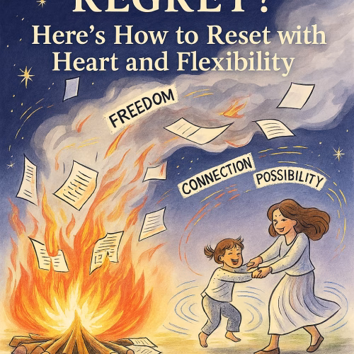 Watercolor-style illustration of a joyful mother and child dancing barefoot around a bonfire at night. Curriculum pages burn in the flames while others swirl into the starry sky, carrying words like “freedom,” “connection,” and “possibility.” The title “Curriculum Regret? Here’s How to Reset with Heart and Flexibility” appears above. The scene evokes themes of release, growth, and emotionally safe homeschooling.
