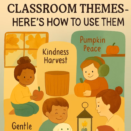 Illustrated classroom scene showing four sensitive kids and a teacher engaged in cozy, healing-centered rituals. One child places a paper apple into a blank basket labeled “Kindness Harvest.” Another holds a small pumpkin near a shelf labeled “Pumpkin Peace.” A third hugs a soft classroom mascot under the theme “Gentle Rebellion.” A teacher kneels beside a child holding a sensory object, with a lantern glowing between them under the label “Cozy Courage.” The background features warm autumn colors, golden leaves outside the window, and soft textures. Title reads: “Sensitive Kids Thrive in These 7 Cozy Classroom Themes—Here’s How to Use Them.”