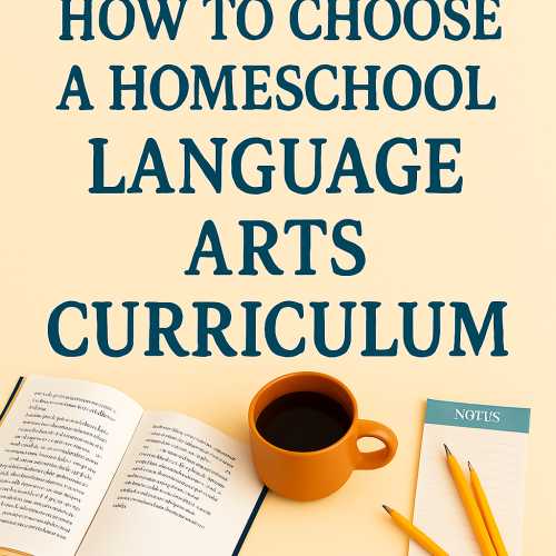 Flat lay of homeschool language arts essentials — open reading book, pencils, magnetic notepad, and coffee mug in cozy lighting, with overlay text: How to Choose a Homeschool Language Arts Curriculum.
