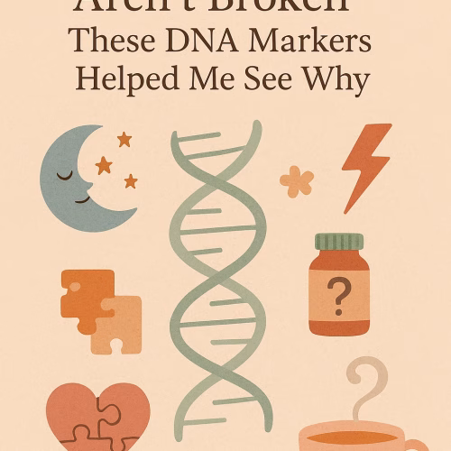 Illustration with the title “Sensitive Kids Aren’t Broken—These DNA Markers Helped Me See Why” in dark serif font on a beige background. A soft green DNA strand winds diagonally across the image, surrounded by icons representing sensitive traits: a sleepy moon with stars, a lightning bolt, a medicine bottle with a question mark, a heart with puzzle pieces, and a steaming tea cup with a question mark-shaped wisp. The design uses muted earth tones and a cozy, minimalist style to convey compassion and clarity.