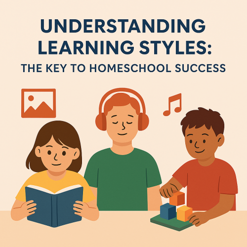 Hands-on homeschool scene with colorful math manipulatives, picture books, and activity pages arranged on a wooden table—inviting learning through movement and creativity. Learning styles.