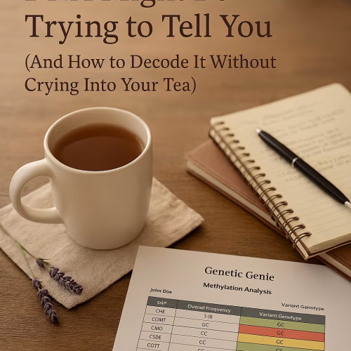 Cozy flat lay of a DNA decoding setup: a steaming mug of tea on a linen napkin, a sprig of lavender, a handwritten journal, and a printed Genetic Genie methylation report. The title reads ‘What Your Child’s DNA Might Be Trying to Tell You (And How to Decode It Without Crying Into Your Tea).’ The scene evokes warmth, clarity, and gentle healing for sensitive families.”