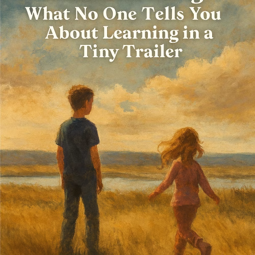 Illustrated image of two children standing in a golden prairie landscape near water under a wide, cloudy sky. Title text reads: “The Truth About Roadschooling: What No One Tells You About Learning in a Tiny Trailer.” The scene evokes quiet wonder, emotional depth, and the expansive journey of learning on the road.