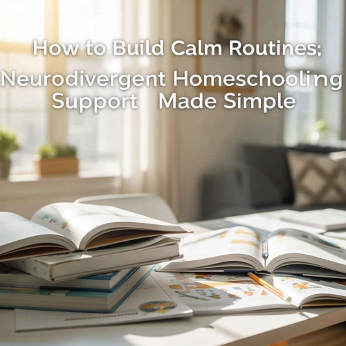 A serene homeschool nook bathed in morning light, filled with soft textures, open books, and calming sensory tools—quietly celebrating the beauty of teaching children with special needs. How to Build Calm Routines: Neurodivergent Homeschooling Support.