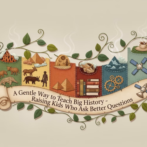Whimsical illustration of a stitched timeline winding across a parchment background, featuring icons like cave art, pyramids, books, gears, and a satellite. Surrounded by leafy vines and cozy textures, with the title ‘A Gentle Way to Teach Big History – Raising Kids Who Ask Better Questions’ in serif font.