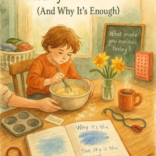 Watercolor illustration of a cozy kitchen table where a young child with tousled hair and mismatched socks stirs muffin batter with focused joy. A parent’s hand gently steadies the bowl. The table is scattered with a science flashcard, a crayon-drawn notebook labeled “Why it’s blue,” a sensory chew necklace, and a steaming mug beside a vase of daffodils. In the background, a chalkboard asks “What made you curious today?” and a laundry basket holds neatly folded clothes. The title reads: “This Is What Learning Really Looks Like (And Why It’s Enough).”