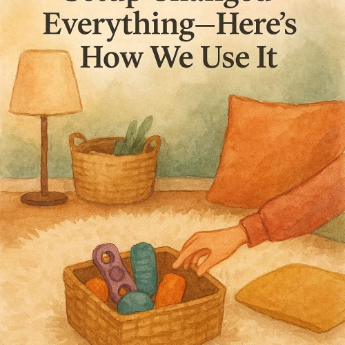 Watercolor-style illustration of a cozy sensory corner with warm autumn tones. A child’s hand reaches for sensory tools in a woven basket on a plush cream rug, surrounded by soft cushions, a floor lamp, and a wicker bin. The headline reads “This Simple Sensory Setup Changed Everything—Here’s How We Use It.”