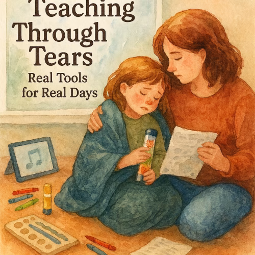 Watercolor illustration of a mother and daughter sitting together in a cozy homeschool setting. The mother, wearing a rust-colored shirt and blue jeans, gently comforts her tearful daughter wrapped in a green-blue blanket. The daughter holds a sensory fidget tube while a crumpled worksheet rests in the mother’s hand. Around them are crayons, a glue stick, a sensory board, and a tablet with a music icon. Outside the window, soft rain falls over a green prairie landscape. Title text reads “Teaching Through Tears: Real Tools for Real Days” in a warm, hand-lettered font. The scene evokes emotional safety, gentle overwhelm, and quiet connection.