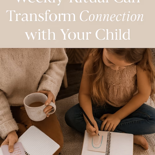 A mother and daughter sit together on a cozy beige blanket, sharing a quiet moment during their Weekly Ritual. The mother holds a warm mug and a journal with a prompt card, while the daughter draws a rainbow in her notebook. Soft lighting, a lit candle, and gentle textures create a warm, emotionally safe atmosphere focused on connection and reflection.
