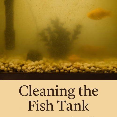 A dirty fish tank with cloudy yellow-green water, algae buildup, and a single orange fish swimming near the edge. The murky environment symbolizes how toxins can affect a child’s well-being—and how cleaning the tank is a gentle way to help your child feel better naturally.