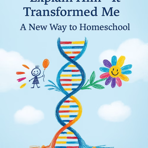 Crayon-style illustration of a colorful DNA double helix with rainbow rungs, surrounded by playful elements—a smiling stick figure child holding an orange balloon, a cheerful flower with multicolored petals, and scattered crayons. The background is a light blue sky with fluffy white clouds. The title “His DNA Didn’t Just Explain Him—It Transformed Me: A New Way to Homeschool” appears in bold dark blue text at the top, conveying a theme of emotional growth, scientific insight, and gentle parenting.