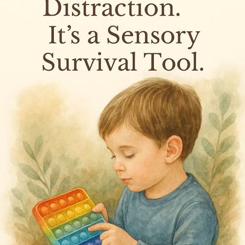 Pinterest image featuring a young boy playing with a colorful sensory fidget toy outdoors. He wears a soft blue shirt and focuses intently on the toy, which has rainbow-colored bubbles. The headline reads, “That Toy Isn’t a Distraction. It’s a Sensory Survival Tool.” The image evokes calm, validation, and understanding for sensory-seeking children. Prairie Ember branding appears at the bottom.