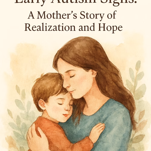 Watercolor-style illustration of a mother gently embracing her young son. The mother has long brown hair and wears a soft blue top, while the boy, with tousled light brown hair, rests peacefully against her shoulder in a rust-colored shirt. Surrounding them are muted green and peach watercolor foliage. The image evokes tenderness, safety, and emotional connection—used to accompany a blog post titled “The Truth About Early Autism Signs: A Mother’s Story of Realization and Hope.”