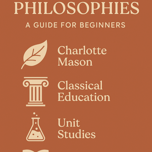 Artistic illustration showing icons for different homeschool styles—books for Classical, a teacup for Charlotte Mason, beakers for Unit Studies, and stars for unschooling—all arranged in a cozy, earth-toned collage with handwritten-style labels. Popular Homeschooling Methods Explained: From Charlotte Mason to Eclectic