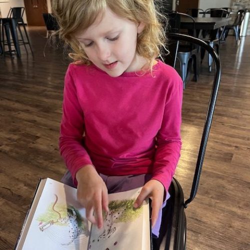 Young girl sitting cross-legged, deeply focused as she reads an All About Reading book—sunlight spilling across the pages, her face lit with quiet confidence and curiosity.