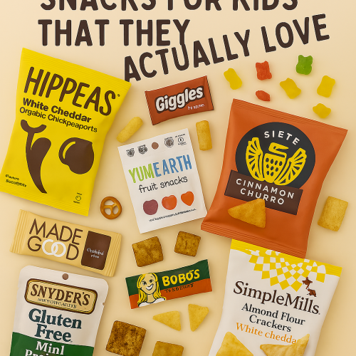 A colorful lineup of gluten-free snacks for kids, featuring Hippeas Vegan White Cheddar puffs, YumEarth Strawberry Smash Fruit Snacks, Siete Churro Strips, Snyder’s gluten-free pretzels, Bobo’s oat bars, MadeGood crispy squares, Simple Mills almond flour crackers, and BEAR fruit rolls, arranged on a soft, family-friendly background.