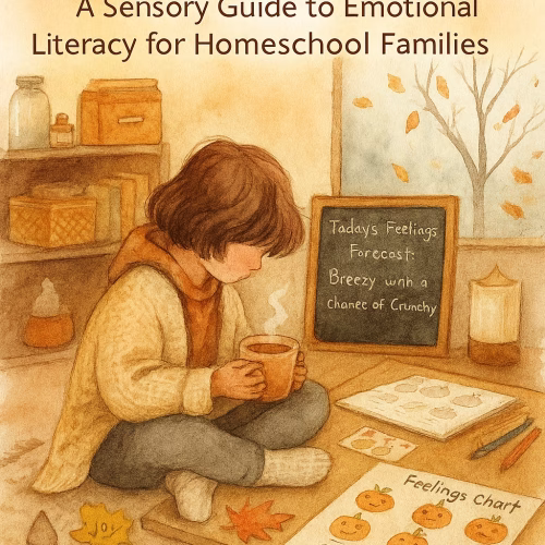 Watercolor-style illustration of a cozy homeschool scene in autumn. A child sits cross-legged on a textured rug, wearing a chunky knit cardigan, soft leggings, and ribbed socks, holding a steaming mug of cider. In front of them, a wooden table displays fall-themed emotional literacy tools: paper leaves labeled with feelings, a pumpkin-face feelings chart, and a half-colored emotion worksheet. A chalkboard nearby reads “Today’s Feelings Forecast: Breezy with a chance of Crunchy.” Behind them, a foggy window shows falling leaves. The mood is warm, safe, and sensory-rich—perfect for teaching emotional literacy in a homeschool setting.