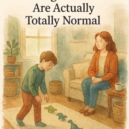 Watercolor illustration of a young boy lining up toy dinosaurs on a rug while his mother watches calmly from a nearby sofa. The room is softly lit and cozy, with warm earth tones and natural textures. Title text reads: “Why ‘Weird’ Calming Behaviors Are Actually Totally Normal.”